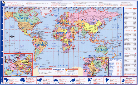 Map of U.S. & World, Laminated Full-Color, 2-Sides, FILLED WITH FACTS!